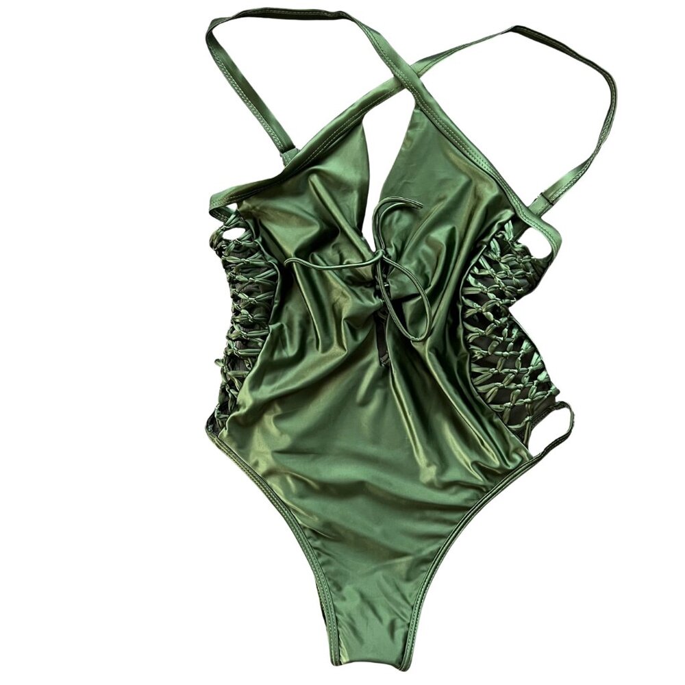 Yira Sexy Lace Up Green One Piece Swimsuit Size M
